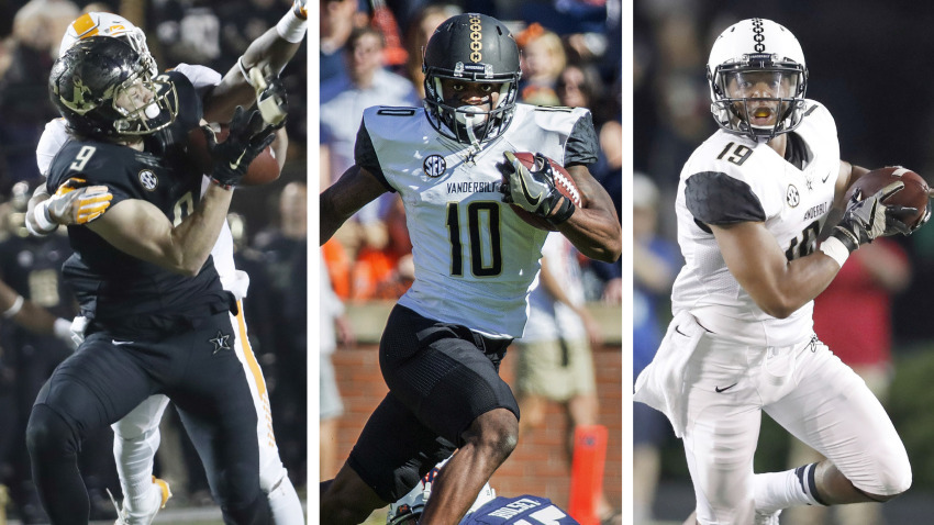 Vanderbilt wide receiver Trent Sherfield (10) celebrates after a reception  against Western Kentucky in the first half of an NCAA college football game  Saturday, Nov. 4, 2017, in Nashville, Tenn. Sherfield scored